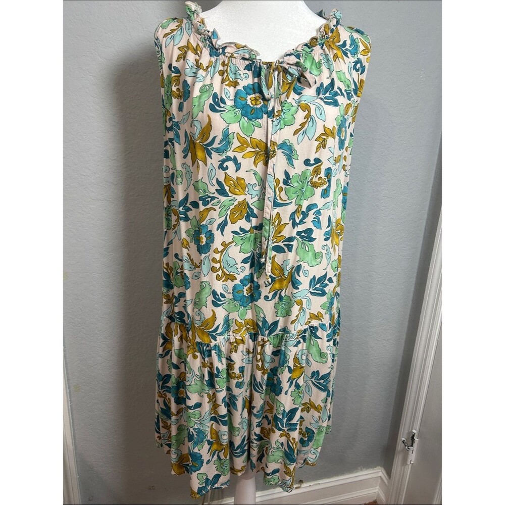 Vintage Mariamne Women Floral Ruffle Neck dress in Mint, Blue & Mustard